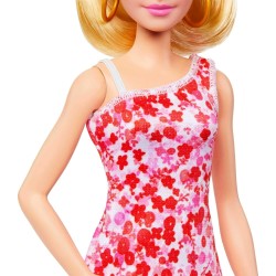 Mattel - Barbie Fashionistas con coda bionda, abito floreale rosa e rosso, sandali con plateau e orecchini a cerchio, 3+ anni, H