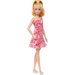 Mattel - Barbie Fashionistas con coda bionda, abito floreale rosa e rosso, sandali con plateau e orecchini a cerchio, 3+ anni, H