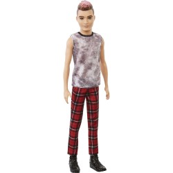 Barbie Fashionistas - Bambola Ken dai Capelli Castani con Punte Rosse, Canottiera e Pantaloni Scozzesi 176, GVY29