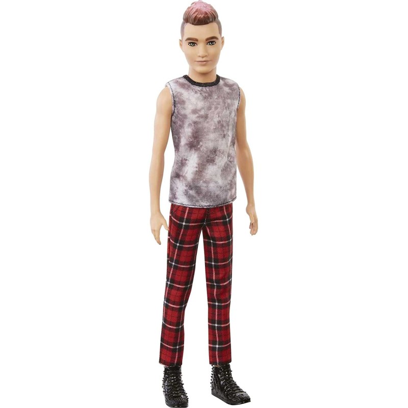 Barbie Fashionistas - Bambola Ken dai Capelli Castani con Punte Rosse, Canottiera e Pantaloni Scozzesi 176, GVY29