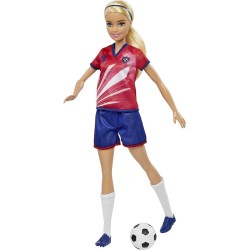 Mattel - Barbie Calciatrice, Capelli biondi Raccolti in Una Coda, Divisa Colorata con n. 9, Pallone da Calcio, Scarpe con Tacche