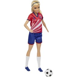 Mattel - Barbie Calciatrice, Capelli biondi Raccolti in Una Coda, Divisa Colorata con n. 9, Pallone da Calcio, Scarpe con Tacche