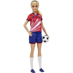 Mattel - Barbie Calciatrice, Capelli biondi Raccolti in Una Coda, Divisa Colorata con n. 9, Pallone da Calcio, Scarpe con Tacche