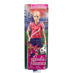 Mattel - Barbie Calciatrice, Capelli biondi Raccolti in Una Coda, Divisa Colorata con n. 9, Pallone da Calcio, Scarpe con Tacche