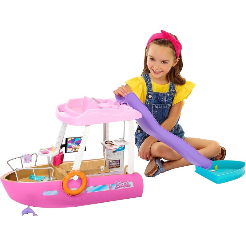 Mattel - Barbie - Barca dei Sogni, Playset con piscina, scivolo, un delfino e 20+ accessori, giocattolo per bambini, 3+ anni, HJ