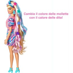 Barbie - Super Chioma Bambola con Abito a Stelle, Capelli Fantasia Lunghi 21,6cm, Abito, 15 Accessori alla Moda - 8 con Effetto 