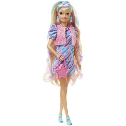 Barbie - Super Chioma Bambola con Abito a Stelle, Capelli Fantasia Lunghi 21,6cm, Abito, 15 Accessori alla Moda - 8 con Effetto 