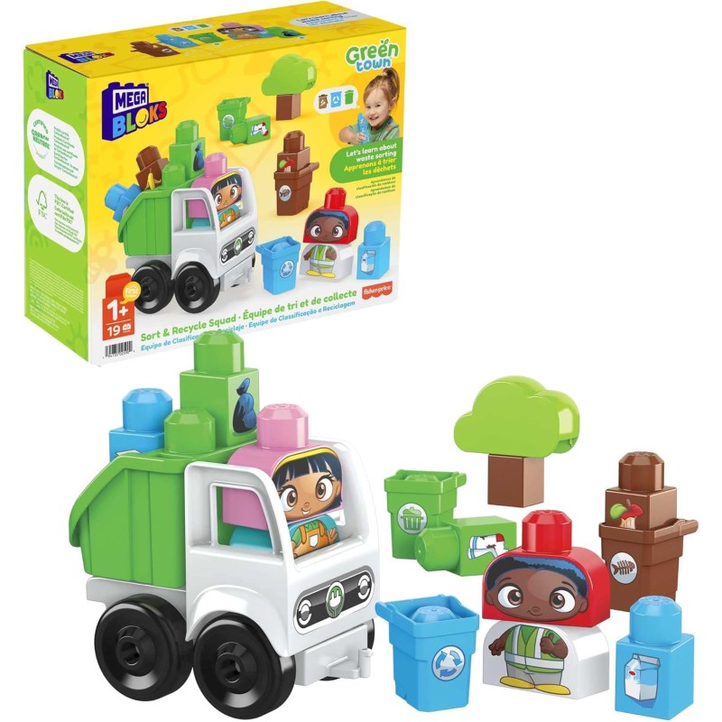 Mega Bloks - Green Town - Squadra Raccolta Differenziata Amici Bio, Set da Costruzione con 18 Grandi Blocchi, tra Cui Pezzi Spec