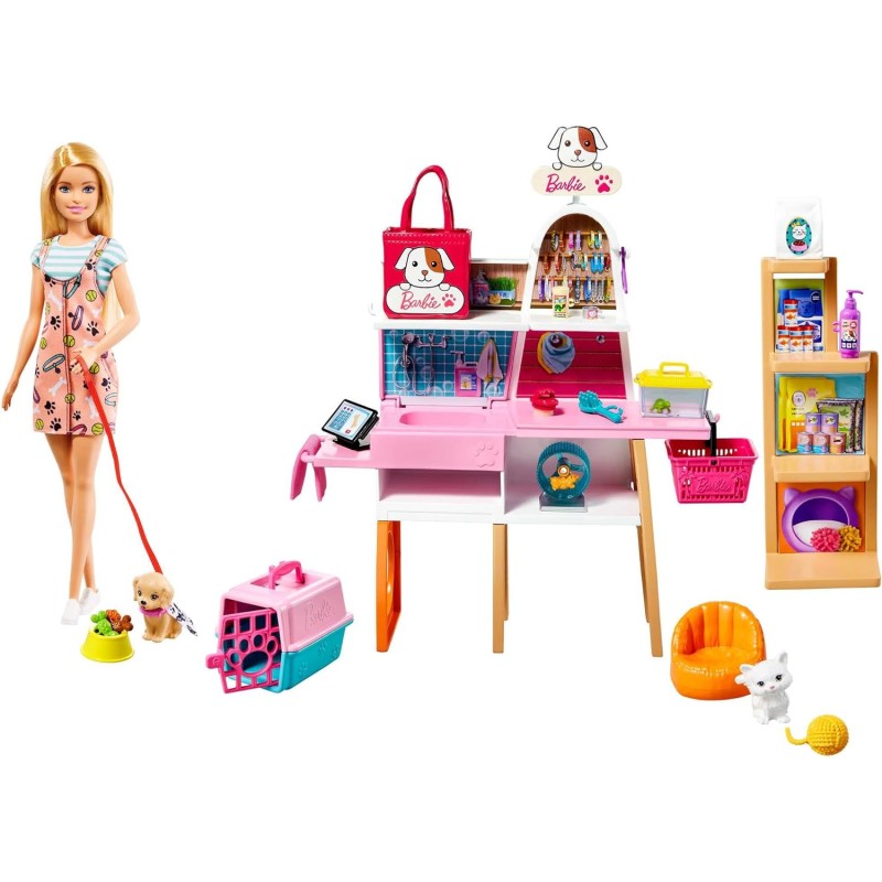 Mattel - Barbie Playset Negozio degli Animali con Bambola Bionda, 4 Animaletti e Tanti Accessori, Giocattolo per Bambini 3+Anni 