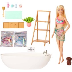 Mattel - Barbie - Vasca Relax Playset con bambola e cucciolo, con coriandoli di sapone colorati e accessori, Giocattolo per Bamb