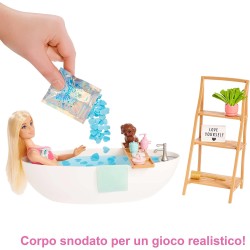 Mattel - Barbie - Vasca Relax Playset con bambola e cucciolo, con coriandoli di sapone colorati e accessori, Giocattolo per Bamb