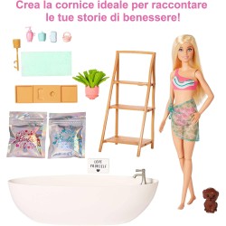 Mattel - Barbie - Vasca Relax Playset con bambola e cucciolo, con coriandoli di sapone colorati e accessori, Giocattolo per Bamb