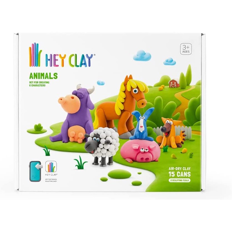 Hey Clay Animals, pasta modellabile set di base Animali, in confezione da 6 soggetti con 15 colori. Big set da 6 animali con 2 u