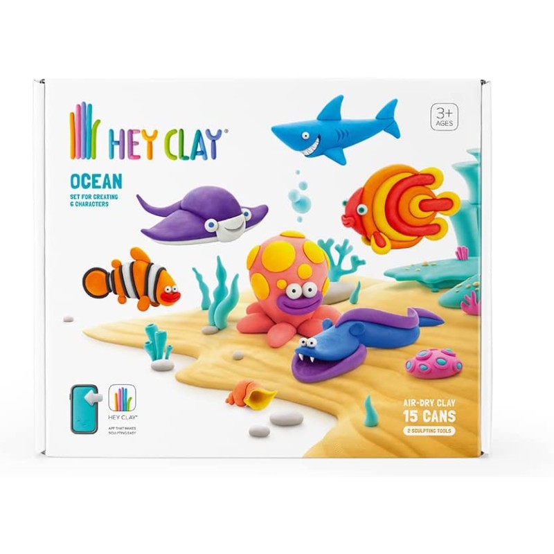 Hey Clay Ocean, pasta modellabile set di base Oceano per Bambini in confezione da 6 soggetti con 15 colori. Big set da 6 pesci c