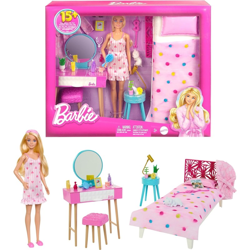 Mattel - Barbie - Set Camera da letto di Barbie, include una bambola in pigiama rosa e pantofole, un gattino, letto, specchiera 