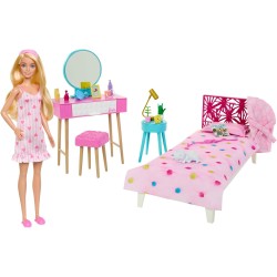 Mattel - Barbie - Set Camera da letto di Barbie, include una bambola in pigiama rosa e pantofole, un gattino, letto, specchiera 