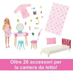 Mattel - Barbie - Set Camera da letto di Barbie, include una bambola in pigiama rosa e pantofole, un gattino, letto, specchiera 