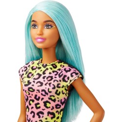 Mattel - Barbie Carriere - Carriera Make-up, bambola dai capelli blu, top colorato a stampa leopardata e scarpe rosa con plateau