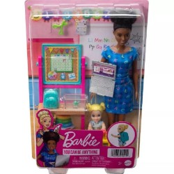 Mattel - Barbie Carriere - Barbie Insegnante, bambola insegnante mora e bambola bambina bionda, con accessori come lavagna a fog