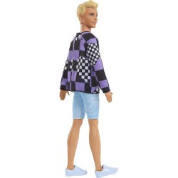 Mattel - Barbie - Ken Fashionistas n.191 Bambola Capelli Biondi Corti, Maglione a Quadri, Pantaloncini di Jeans, Sneaker Bianche