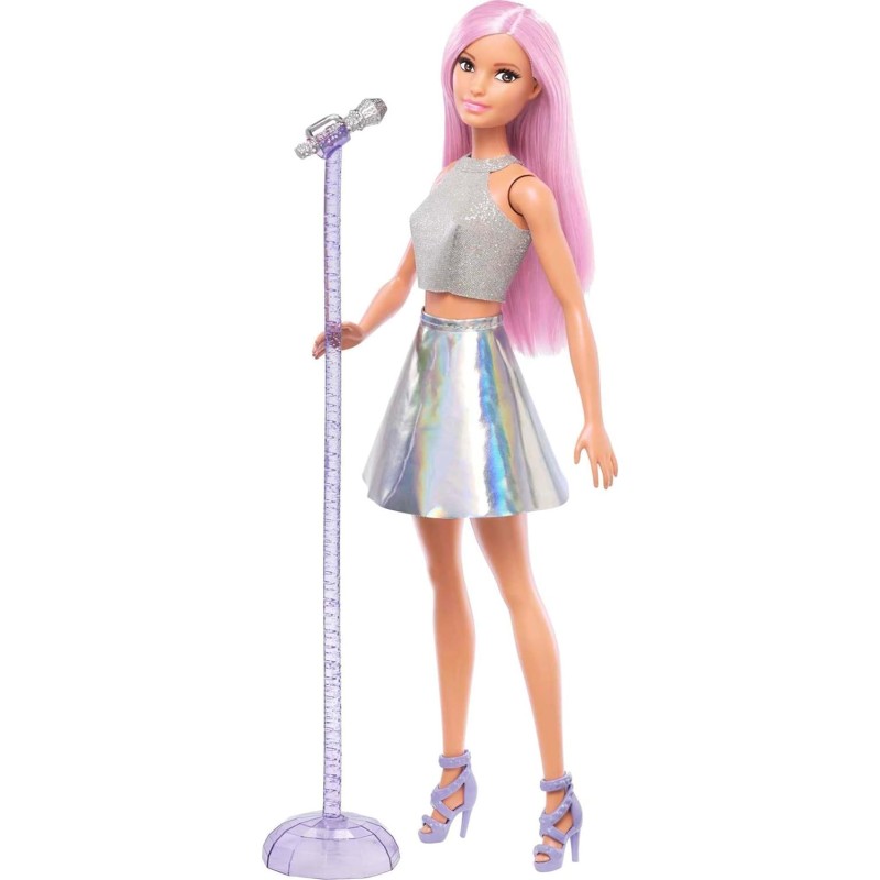 Mattel - Barbie Carriere Pop Star con Microfono, Bambola Capelli Rosa e Abiti Argento - FXN98