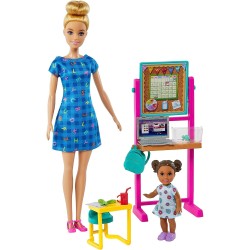 Mattel - Barbie Carriere - Barbie Insegnante Caucasica, bambola insegnante bionda e bambola bambina castana, con accessori come 