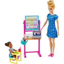 Mattel - Barbie Carriere - Barbie Insegnante Caucasica, bambola insegnante bionda e bambola bambina castana, con accessori come 