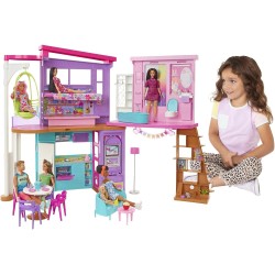 Barbie - Barbie Casa di Malibu (106 cm) Playset casa delle bambole con 2 piani, 6 stanze, ascensore altalena e più di 30 pezzi, 