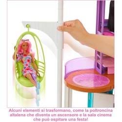 Barbie - Barbie Casa di Malibu (106 cm) Playset casa delle bambole con 2 piani, 6 stanze, ascensore altalena e più di 30 pezzi, 