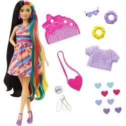 Mattel - Barbie - Super Chioma Bambola Petite con abito a cuori, capelli fantasia lunghi 21,6 cm, 15 accessori alla moda - 8 con