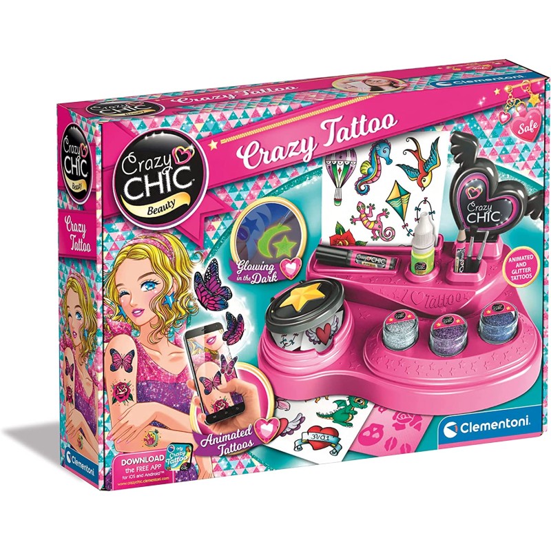 Clementoni - Crazy Chic - Kit Temporanei, Laboratorio Tattoo, Gioco Creativo Tatuaggi Bambini - CL18733