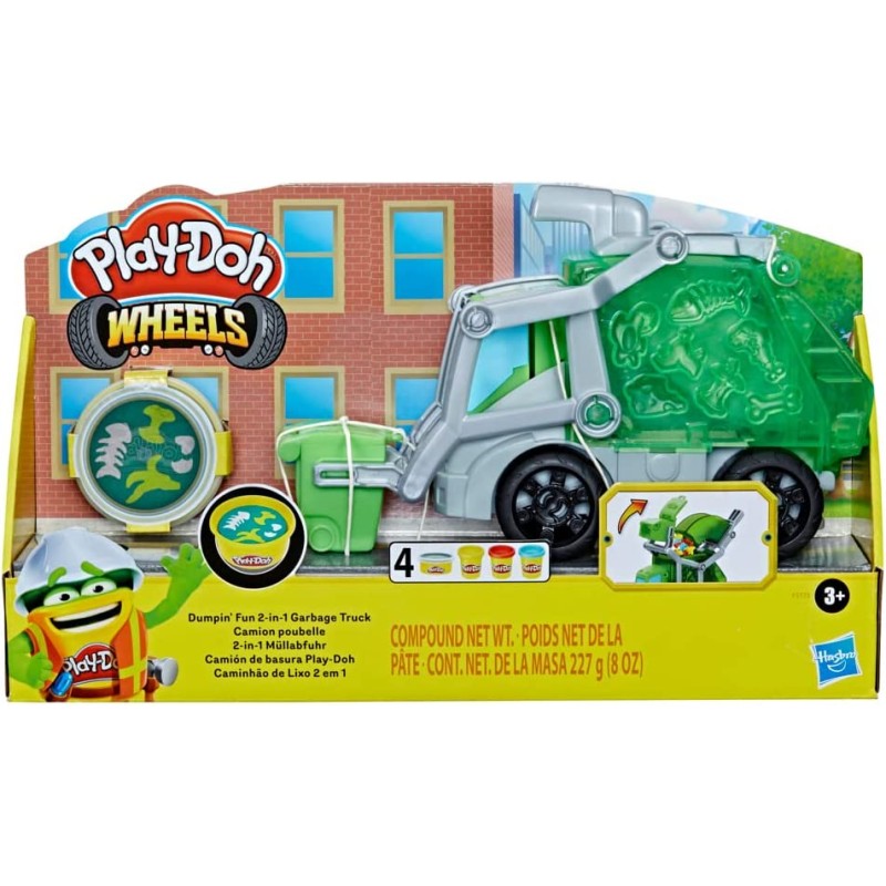 Hasbro - Play-Doh - Wheels, Che bello scaricare, camion dei rifiuti 2 in 1 con rifiuti di pasta modellabile e 3 vasetti, F51735L