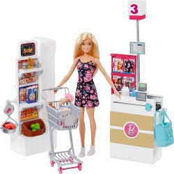 Barbie - Il Supermercato di Barbie, playset con Bambola, carrello con ruote che girano e nastro trasportatore funzionante