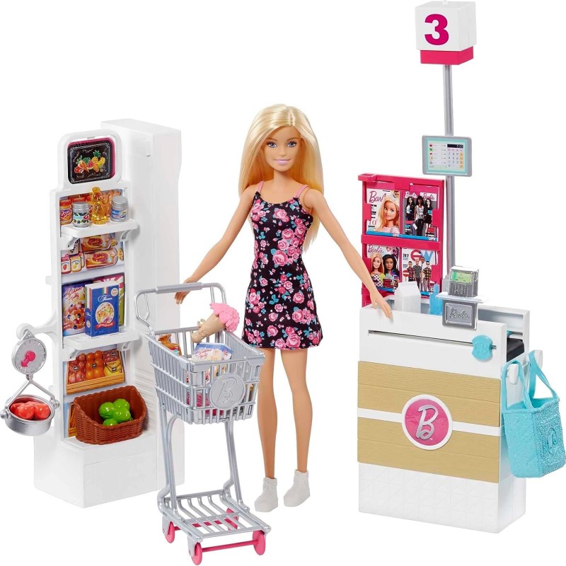 Barbie - Il Supermercato di Barbie, playset con Bambola, carrello con ruote che girano e nastro trasportatore funzionante