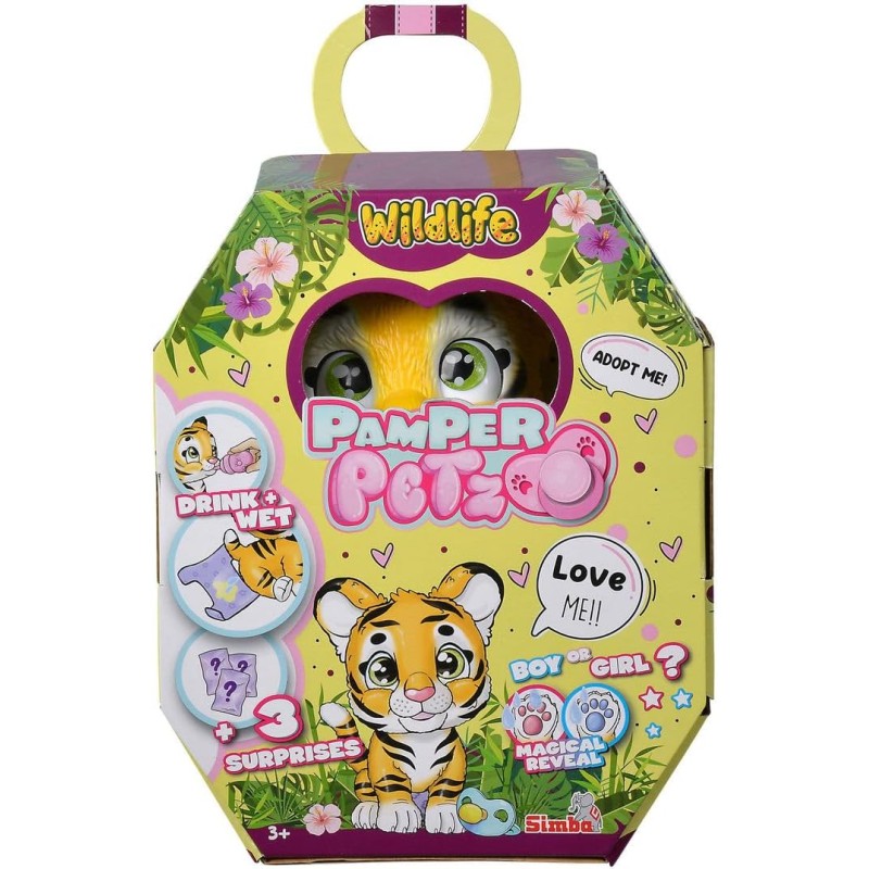 Simba - Pamper Petz Tigre, simpatico animaletto con pannolino con funzione color-change, zampa magica, tre sorprese, 15 cm, 1059