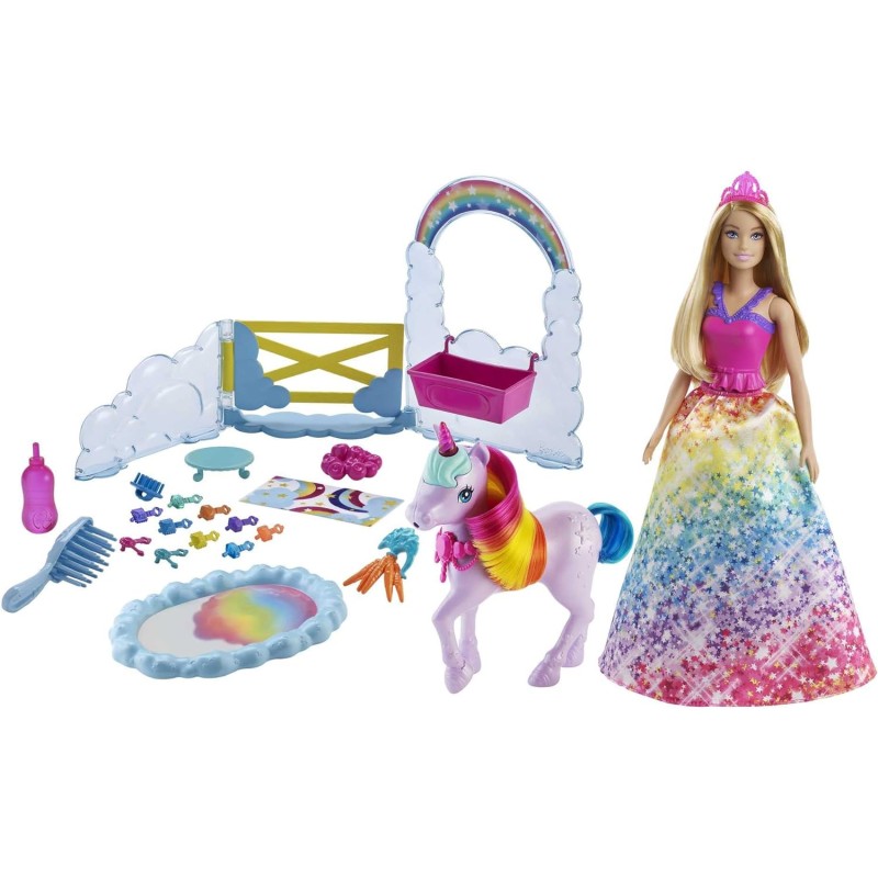 Barbie Dreamtopia Playset Unicorno con Barbie Royal, unicorno con effetto cambia-colore e 18 accessori, GTG01