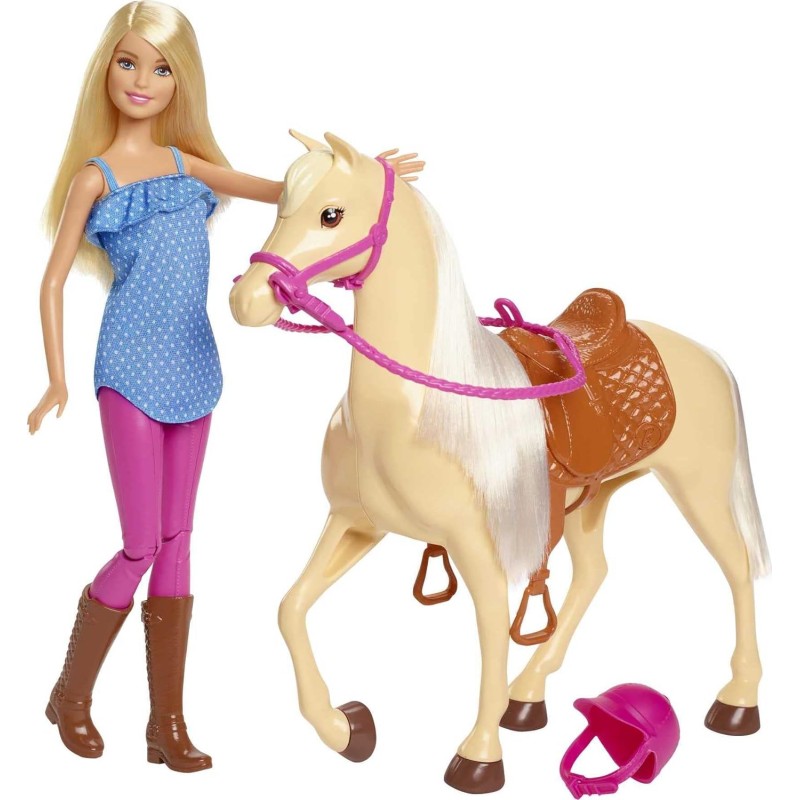 Barbie - Playset Bambola e Cavallo, Include una Barbie Snodata Bionda con il Caschetto e il Suo Cavallo, FXH13