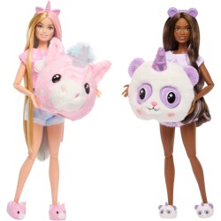 Barbie - Cutie Reveal Pigiama Party Set regalo, con 2 bambole e 2 cuccioli, include 35+ sorprese e costume di peluche, con effet