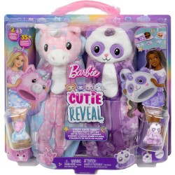 Barbie - Cutie Reveal Pigiama Party Set regalo, con 2 bambole e 2 cuccioli, include 35+ sorprese e costume di peluche, con effet