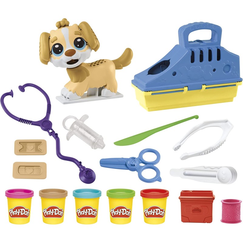 Hasbro - Play-Doh - Set da Veterinario, playset con Cane Giocattolo, trasportino, 10 Strumenti, 5 Colori, F36395L00