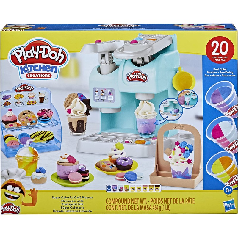 Hasbro - Play-Doh, Kitchen Creations, La Caffetteria Super Colorata, playset con 20 accessori e 8 vasetti di pasta modellabile -