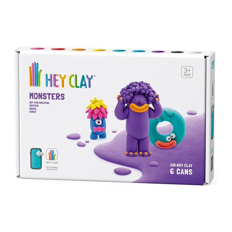 Hey Clay Monsters 2, pasta modellabile medium set Mostri 2 per Bambini in confezione da 3 soggetti con 6 colori. Set medio da 3 