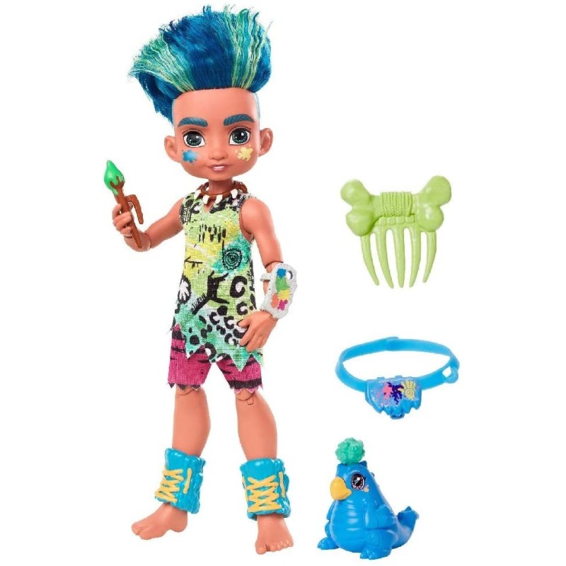 Giocheria - Mattel Cave Club Bambola Preistorica Slate da 25.4 cm, Capelli Blu, con Dinosauro e Accessori, età 4+, GNL87