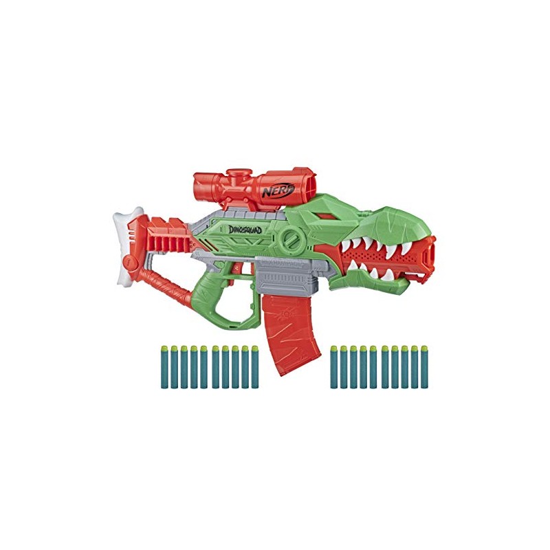 Hasbro - Nerf DinoSquad Rampage, Blaster motorizzato con caricatore, 20 Nerf, supporto per 10 dardi e design a forma di T-Rex, F