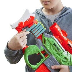 Hasbro - Nerf DinoSquad Rampage, Blaster motorizzato con caricatore, 20 Nerf, supporto per 10 dardi e design a forma di T-Rex, F