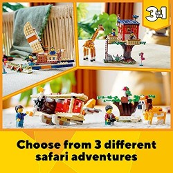 LEGO Creator 3 in 1 Casa sull’Albero del Safari, Catamarano, Biplano, Kit di Costruzione con Nave, Aereo, Giraffa e Leone, 31116