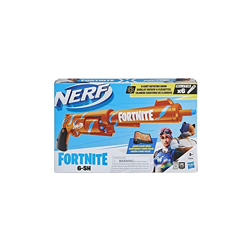 Hasbro - Blaster Nerf Fortnite 6-SH - Colorazione Camo Pulse, caricamento con percussore, caricatore a tamburo da 6 dardi, inclu