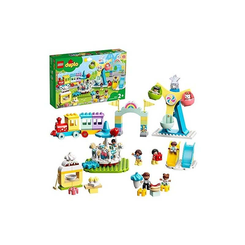 LEGO DUPLO Town Parco dei Divertimenti, Giocattoli per Bambini di 2 Anni, Parco Giochi con 7 Minifigure e Accessori, 10956