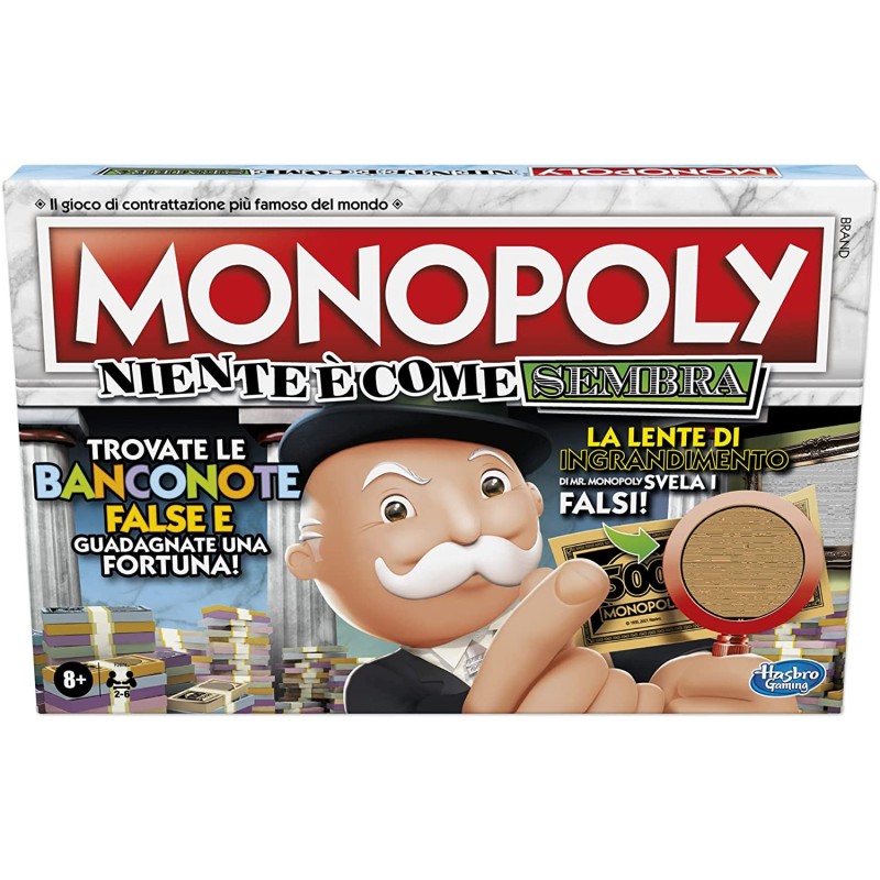 Hasbro - Monopoly - Niente è Come Sembra, Gioco da Tavolo per Famiglie, età 8+, con la Lente di Ingrandimento di Mr. Monopoly, F