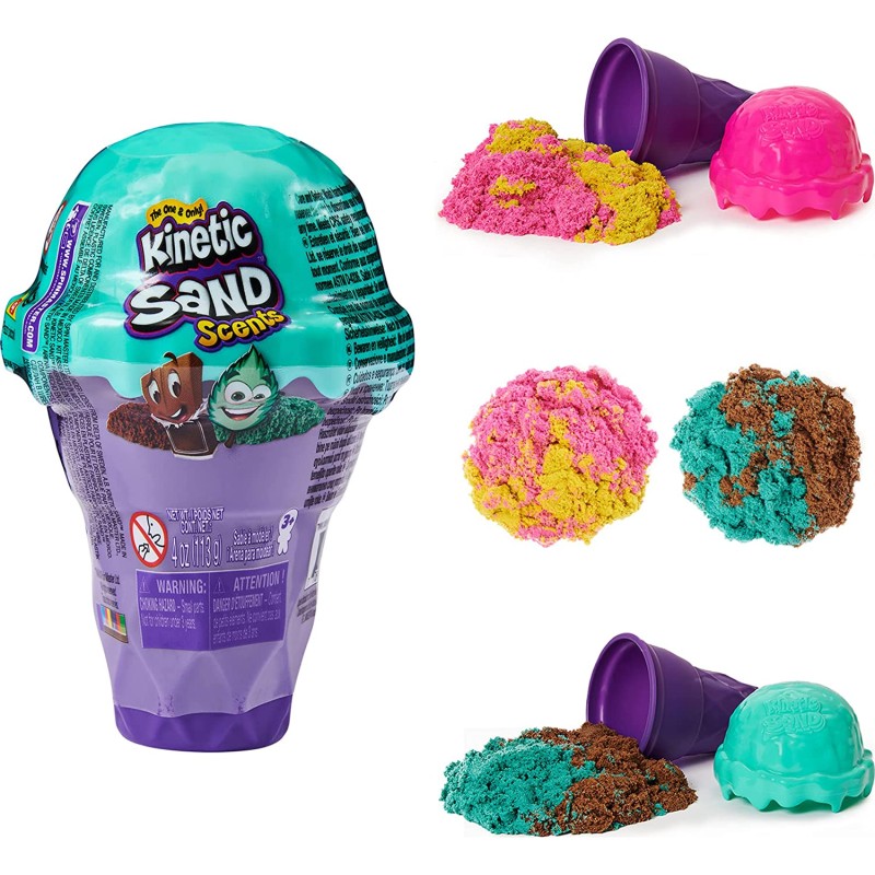 Spin Master - Kinetic Sand, Coni Gelato a sorpresa, 113gr di sabbia naturale profumata in 2 colori - dai 3 anni